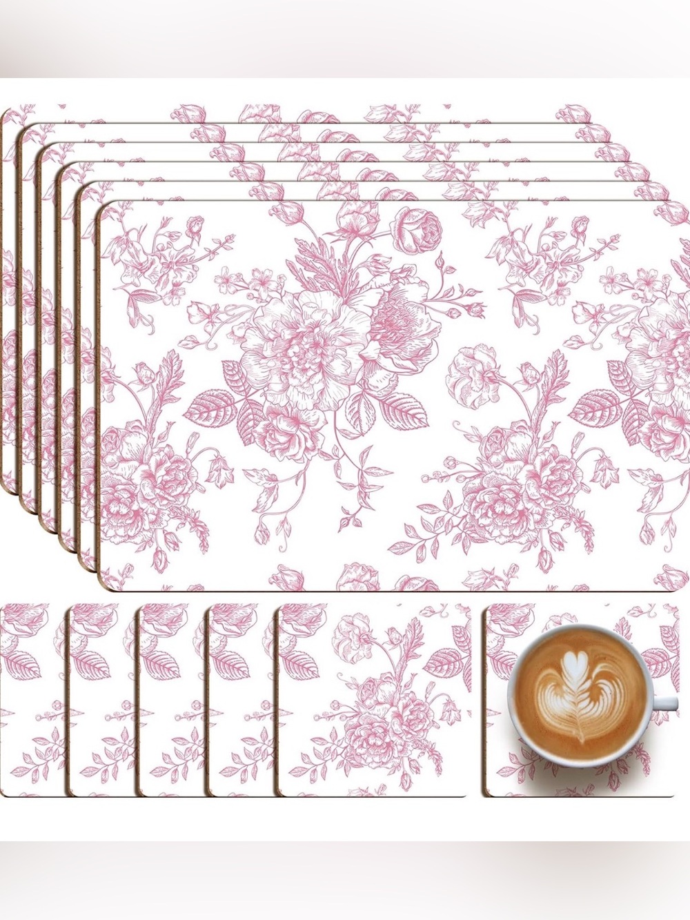 6 Elegant Sets Pink Floral Cork Placemats